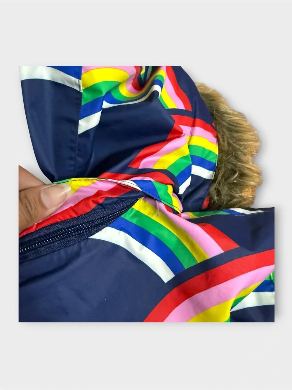 Mini Boden All Weather Waterproof Hooded Fur Rainbow Pattern Blue Powder Coat